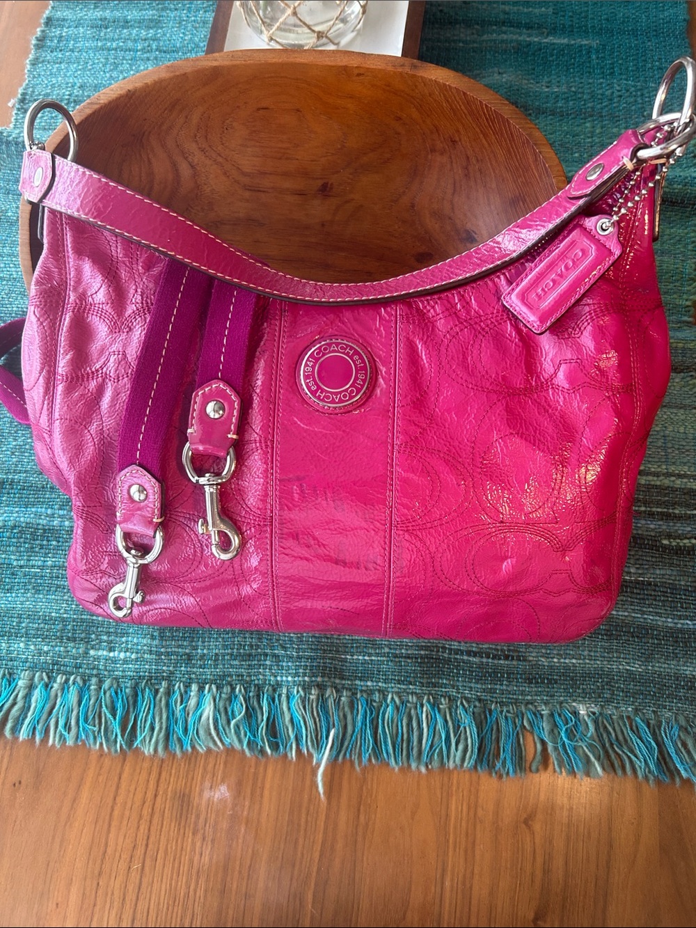 Coach Bright Pink Leather Shoulder Bag with Silver Hardware